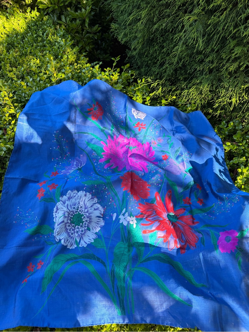 Thai Raw Silk 34” LG Vibrant Blue Floral Rolled Scarf